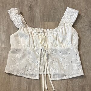 White Eyelet Tie-Front Crop Top